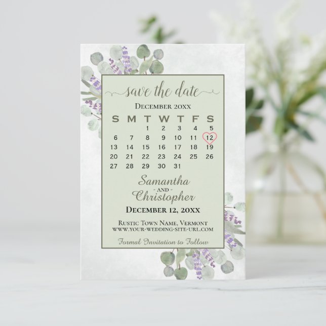 Save The Date Russe Eucalyptus Lavender Calendrier Mariage vert (Debout devant)