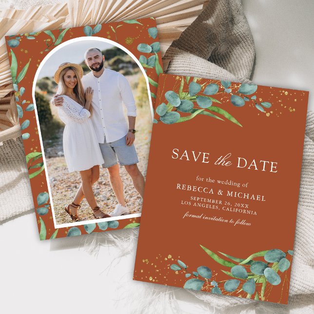 Save The Date Russe Eucalyptus Photo Mariage en terre cuite (Créateur téléchargé)