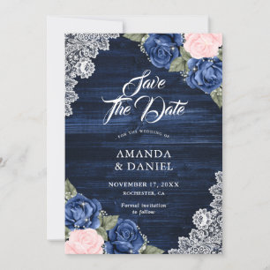 Save The Date Russe Marine Bleu Dentelle en Bois Bleu Mariage