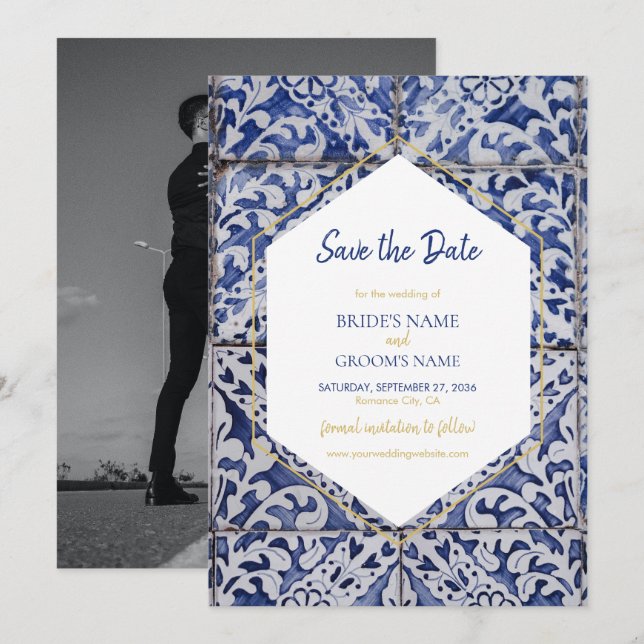 Save The Date Russe Portugais Carreaux photo Mariage (Devant / Derrière)