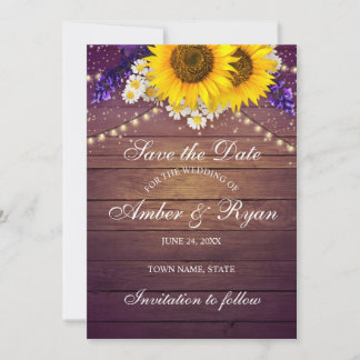 Save The Date Russe violet Jaune Tournesol Floral Country Grange