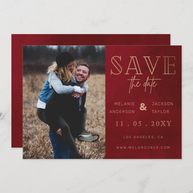 Save The Date Rust Red Stylish photo manuscrite Enregistrer la d (Devant / Derrière)