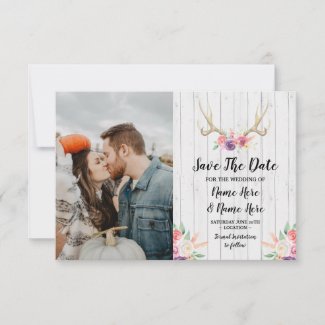 Save The Date Rustic Antlers Stag Floral Photo