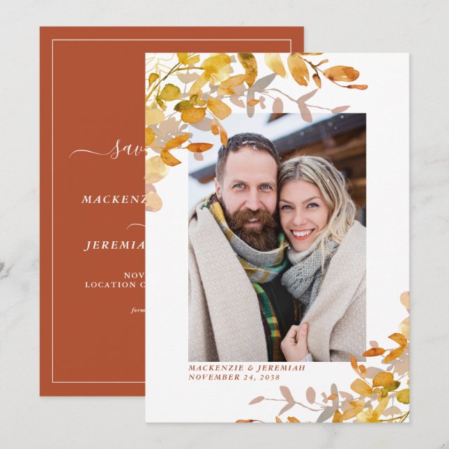 Save The Date Rustic Autumn Botanical Photo Enregistrer la date (Devant / Derrière)