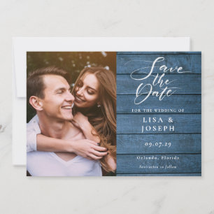 Save The Date Rustic Blue Wood Élégant Script Mariage photo