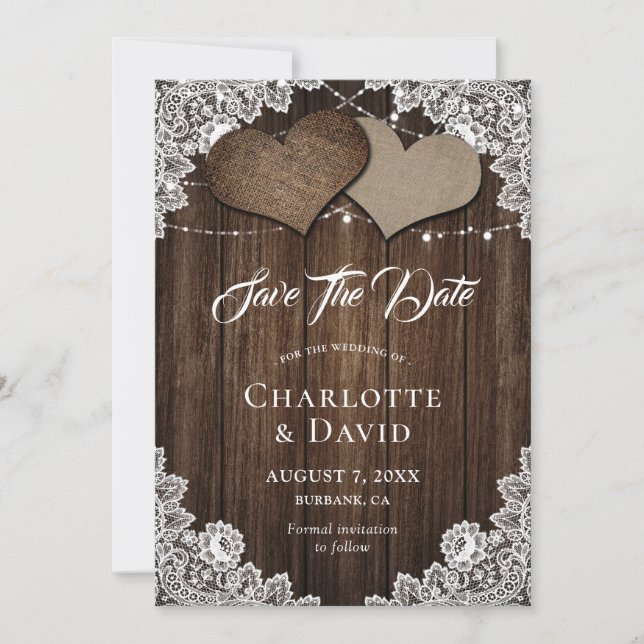Save The Date Rustic Bois Burlap Dentelle Mariage Enregistrer La (Devant)
