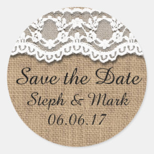 Save the Date, Rustic Burlap and Lace Classic Round Sticker