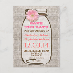 save the date rustic burlap mason jar pink gerbera announcement postcard