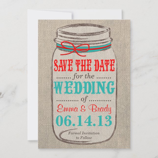 Save The Date Rustic Burlap & Mason Jar Wedding Wedding Enregist (Devant)