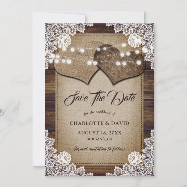 Save The Date Rustic Country Burlap Hearts Élégant Mariage dente (Devant)