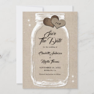Save The Date Rustic Country Burlap Hearts Mason Jar Mariage