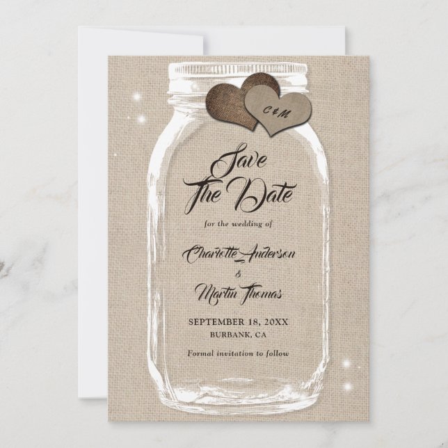 Save The Date Rustic Country Burlap Hearts Mason Jar Mariage (Devant)