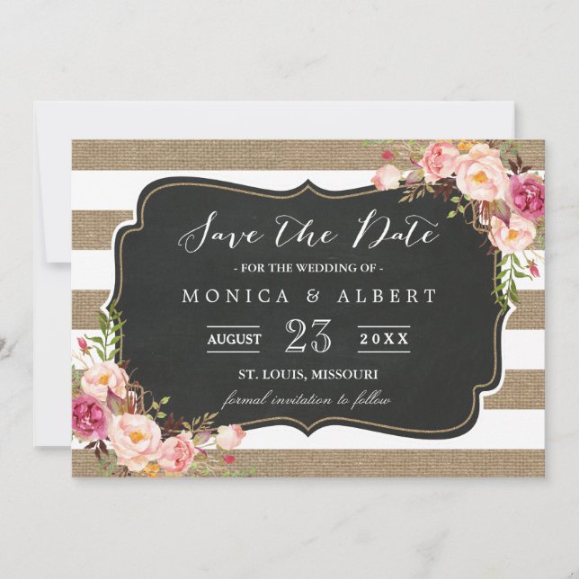 Save The Date Rustic Country Burlap Stripes Floral Enregistrer l (Devant)