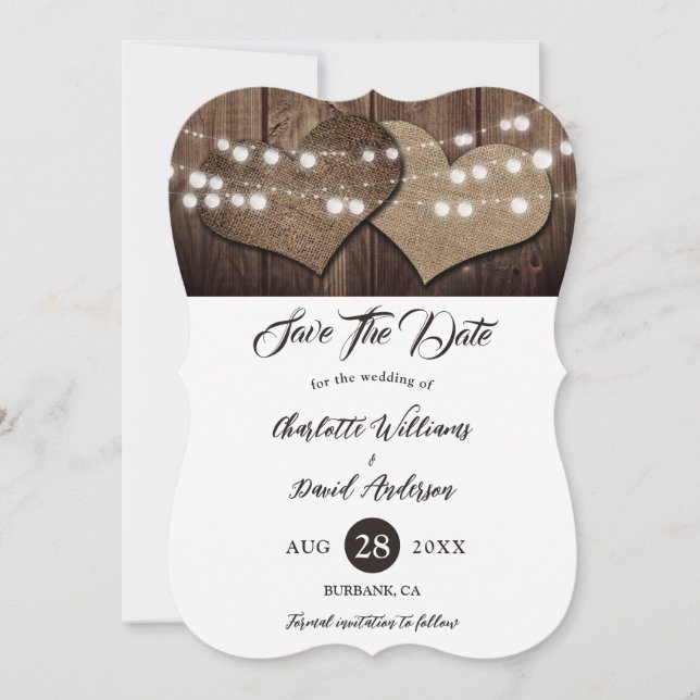 Save The Date Rustic Country Grange Bois Chaîne Lumière Mariage (Devant)