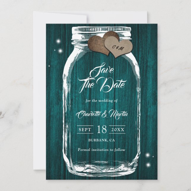 Save The Date Rustic Country Turquoise Wood Hearts Mason Jar Mar (Devant)