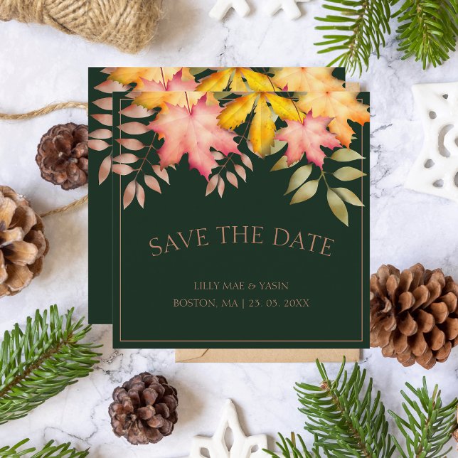 Save The Date Rustic Emerald Green Automne Feuilles Mariage (Créateur téléchargé)