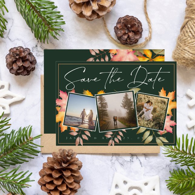 Save The Date Rustic Emerald Green Fall Leaf Trois Mariage photo (Créateur téléchargé)