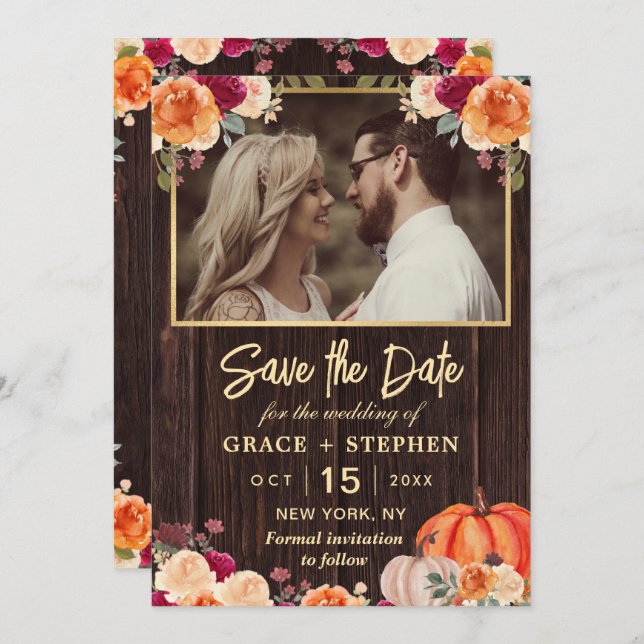 Save The Date Rustic Fall Citrouille mariage floral enregistrer  (Devant / Derrière)