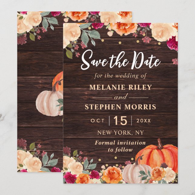 Save The Date Rustic Fall Citrouille mariage floral enregistrer  (Devant / Derrière)