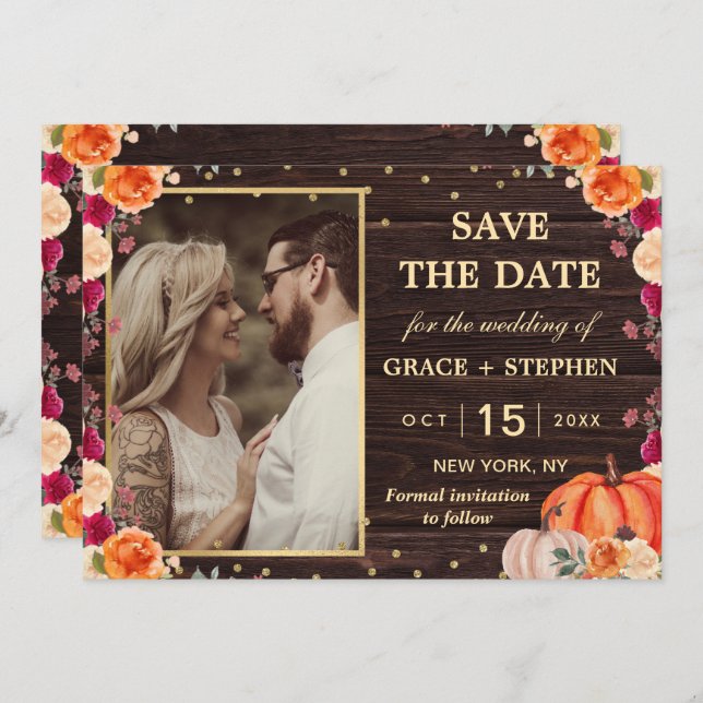Save The Date Rustic Fall Citrouille mariage floral enregistrer  (Devant / Derrière)
