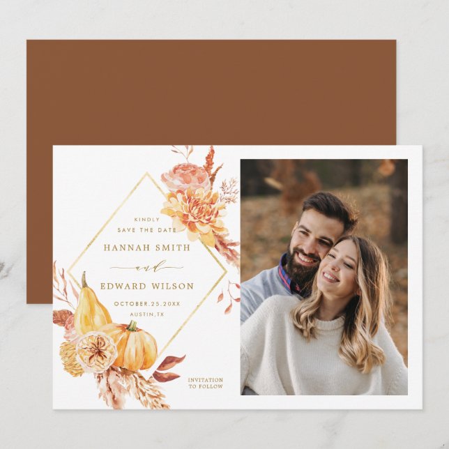 Save The Date Rustic Fall Floral Citrouille Mariage Photo Gold (Devant / Derrière)