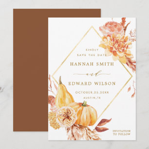 Save The Date Rustic Fall Gold Floral Orange Citrouille Mariage