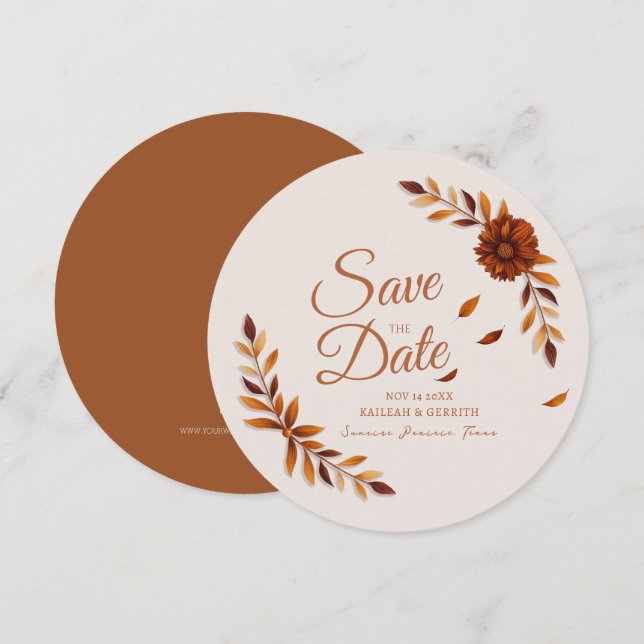 Save The Date Rustic Fall Leaves Toffee Brown Off White Wedding (Devant / Derrière)
