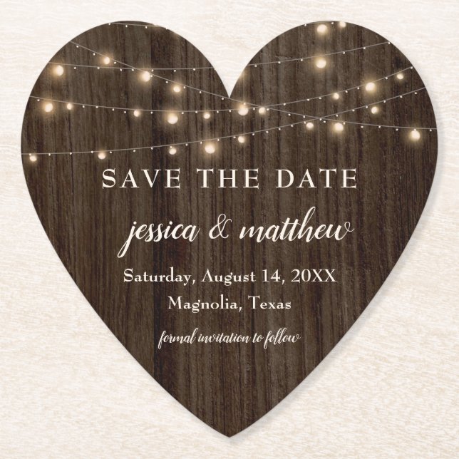 Save the Date Rustic Farmhouse String Lights Paper Coaster (Front)