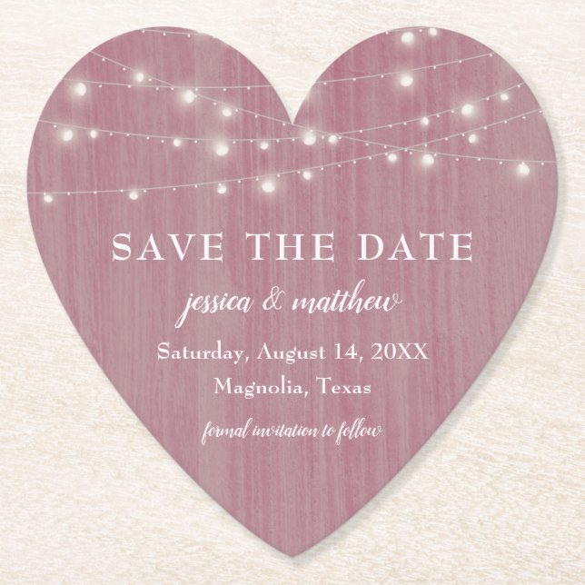 Save the Date Rustic Farmhouse String Lights Pink Paper Coaster (Front)