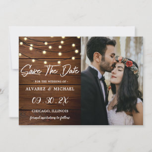 Save The Date Rustic Grange Bois Chaîne Lumières Mariage Photo