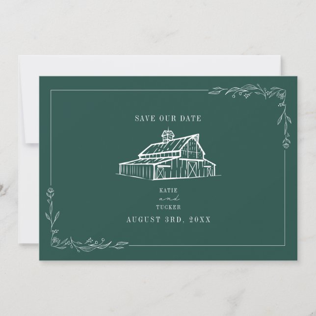 Save The Date Rustic Grange Mariage Emerald Green Enregistrer la (Devant)