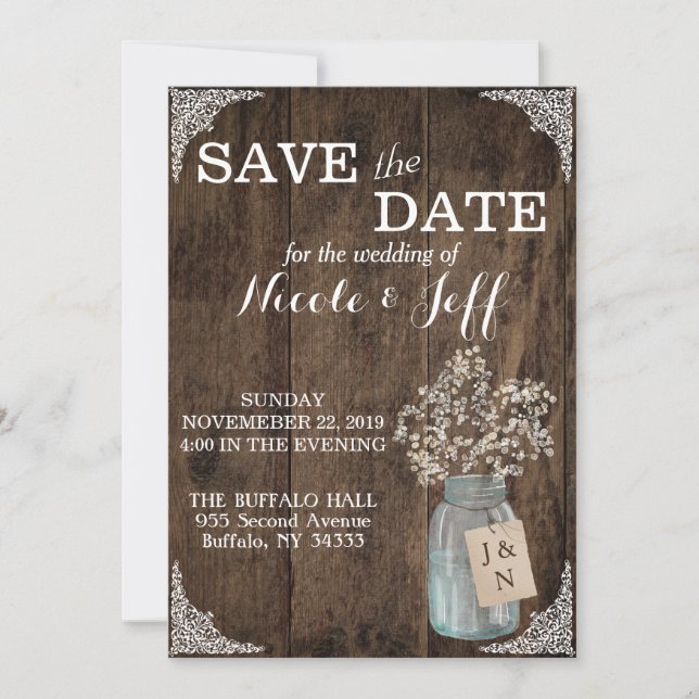 Save The Date Rustic Grange Mariage Wood Mason Jar Babys Respire (Devant)