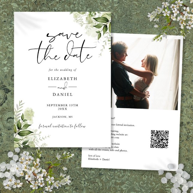 Save The Date Rustic Greenery Floral Photo QR Code Mariage (Rustic Greenery Floral Photo QR Code Wedding Save The Date)