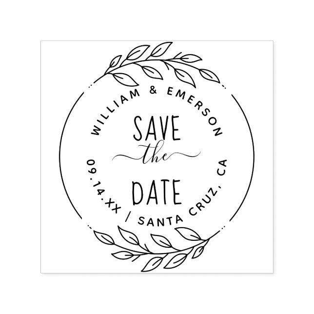 Save The Date Rustic Hand-Drawn Script & Branches Self-inking Stamp (Design)