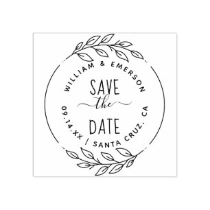 Save The Date   Rustic Hand-Drawn Sprigs & Script Rubber Stamp