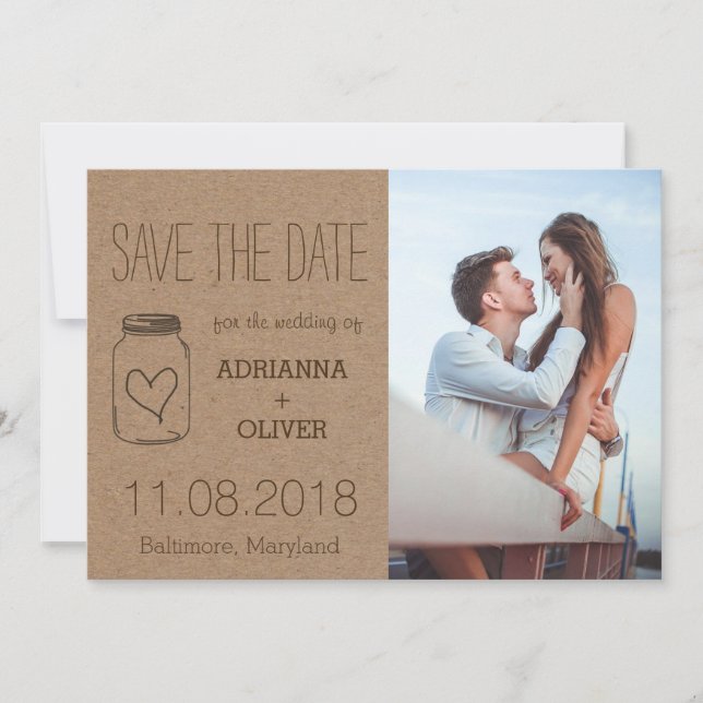 Save The Date Rustic Heart MasonJar Enregistrer La Date Couple P (Devant)