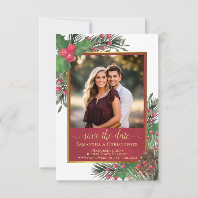 Save The Date Rustic Holly & Pine avec Mariage de vacances photo (Devant)