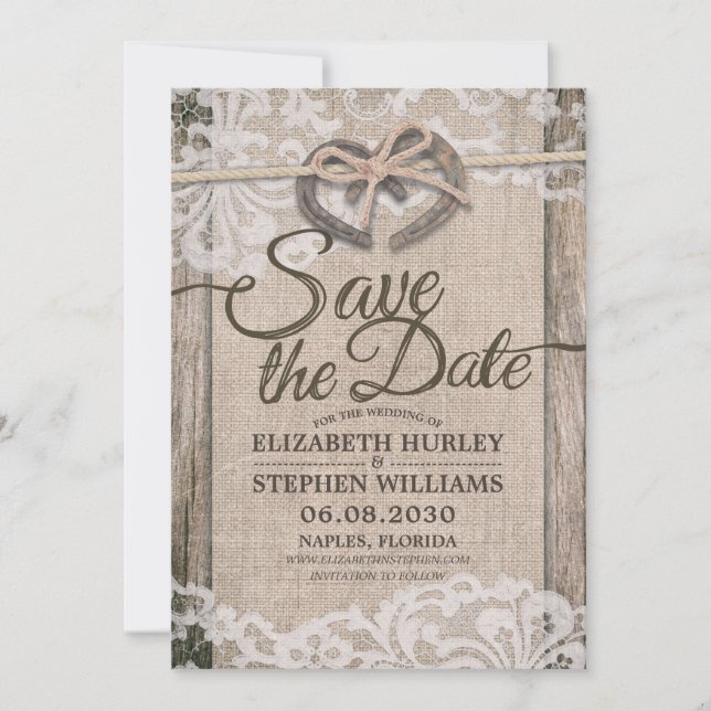 Save The Date Rustic Horseshoe Burlap Lace Wedding Enregistrer L (Devant)
