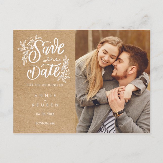Save the Date Rustic Kraft Hand Script Photo Announcement Postcard (Front)