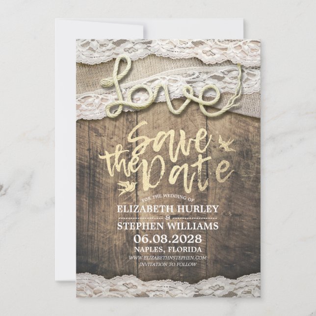 Save The Date Rustic Love Rope Burlap Lace Wedding Enregistrer L (Devant)