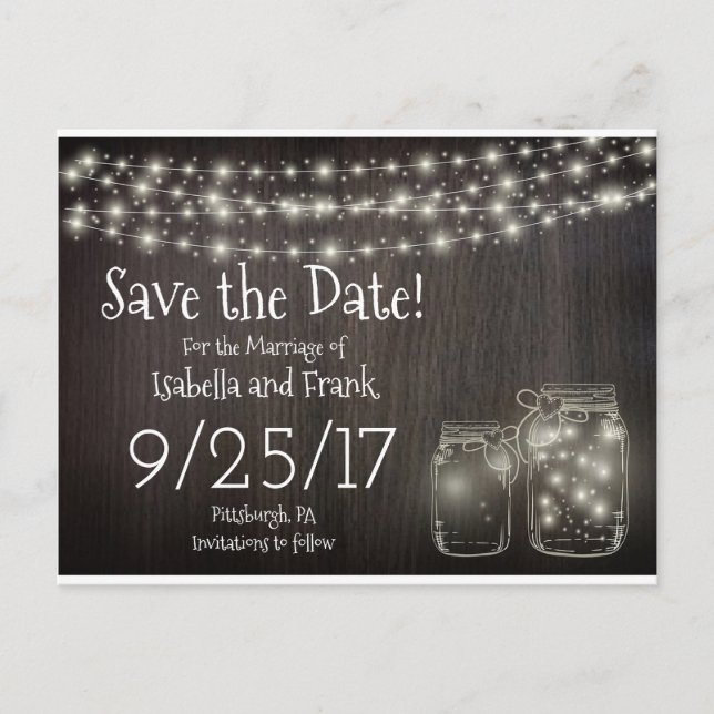 Save The Date-Rustic Mason Firefly Light Postcard (Front)