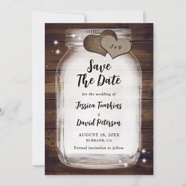 Save The Date Rustic Mason Jar Burlap Hearts Monogramme Mariage (Devant)