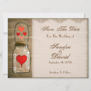 Save The Date Rustic Mason Jar et Coeurs Enregistrer la date