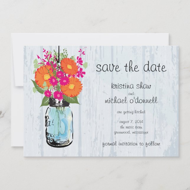 Save The Date Rustic Mason Jar Gerber Daisies Enregistrer la dat (Devant)