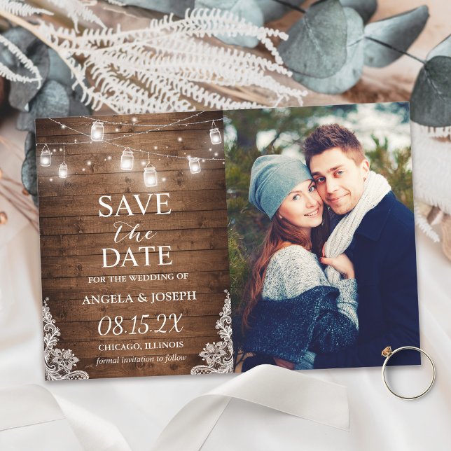 Save The Date Rustic Mason Jar Lumières Enregistrer la date Phot (Créateur téléchargé)