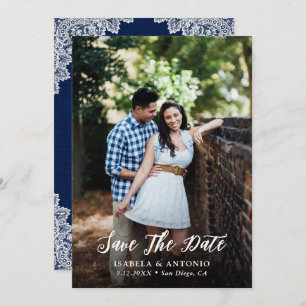 Save The Date Rustic Navy Bleu Burlap et dentelle photo Mariage