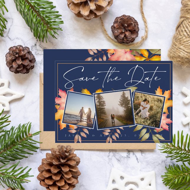 Save The Date Rustic Navy Blue Fall quitte trois Mariage photo (Créateur téléchargé)