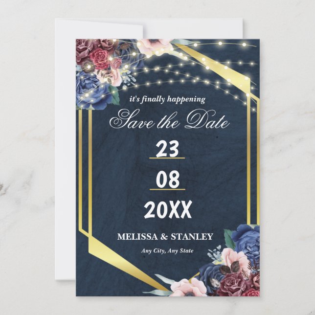 Save The Date Rustic Navy Blue Gold String Mariage (Devant)