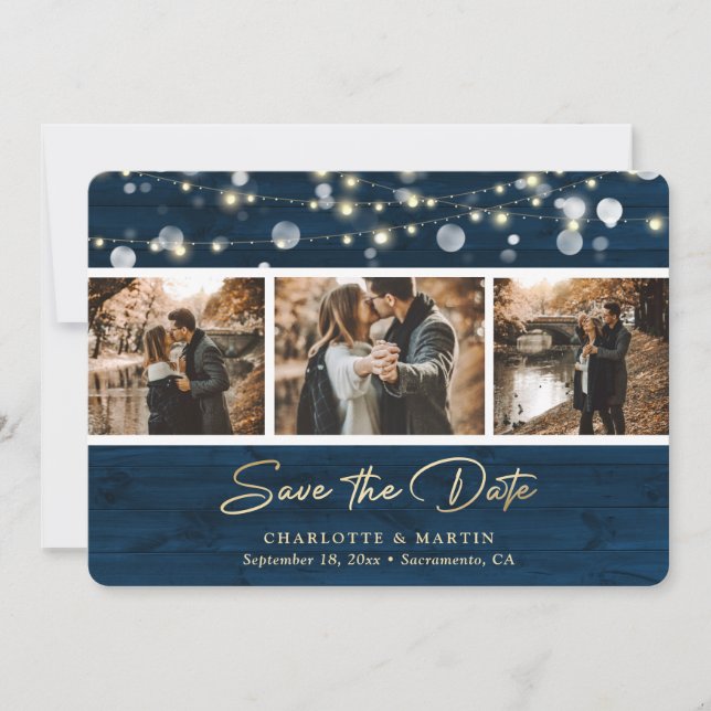 Save The Date Rustic Navy Mariage De Bois Bleu Photo Enregistrer (Devant)