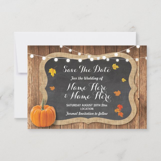 Save The Date Rustic Pumpkin Lights Chalk Wood (Front)
